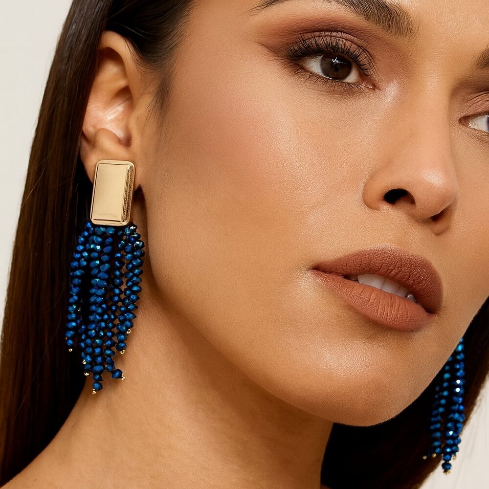 NWT Open‎ Edit Gold Tone and Blue Tassel Clip On Earrings